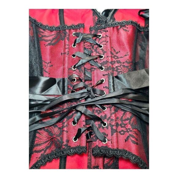 Adore Me Lace Strapless Corset Size 0X Lace Up Red Black Garter Clips Lingerie - Picture 7 of 13